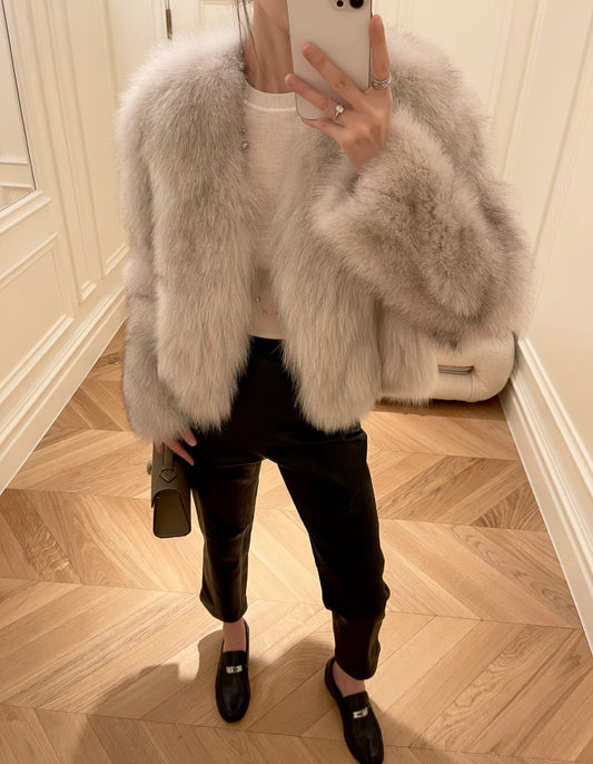 Kelly Designs Grey Brown Fox Fur V Neck Jacket (instock)