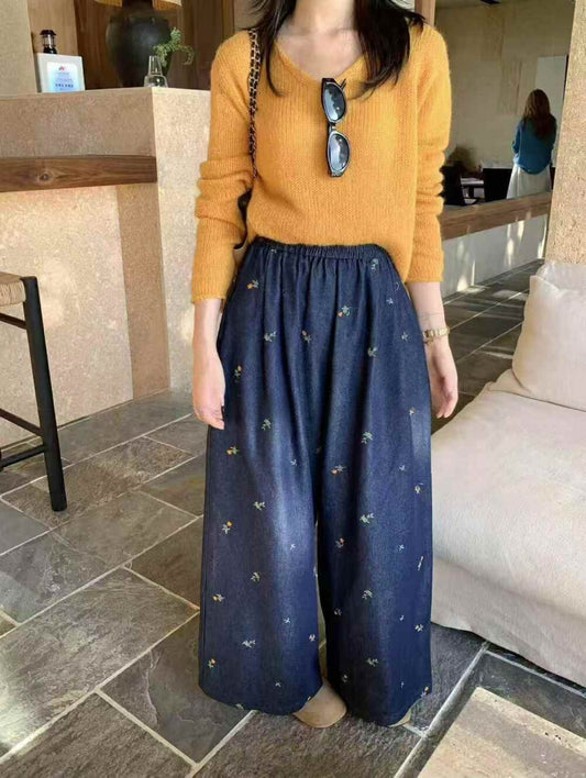 Kelly Designs Embroidery Flowers Navy Jeans (Instock)