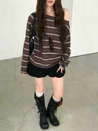 Korean Collection | Off-Shoulder Stripe Long Sleeve Top (Instock)