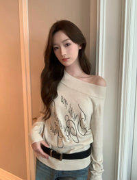 Kelly Designs Off-Shoulder Letter Knit Top with Belt (6% Wool Blend) (Instock)