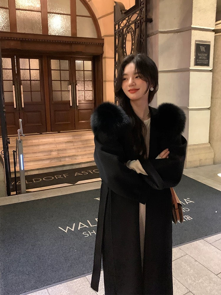 Kelly Designs 100% Wool Long Coat with Fox Fur Collar – Black (Instock)