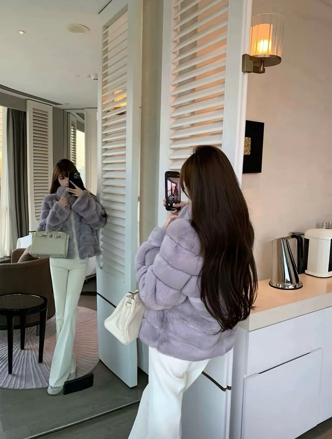 Kelly Designs Lilac Rex Fur Coat – Full-Pelt Chinchilla-Texture Luxury Jacket (Instock)