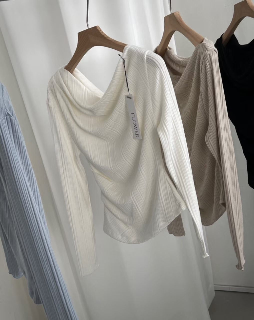 Korean APM Collection Draped Neck Ribbed Long Sleeve Top (Instock)