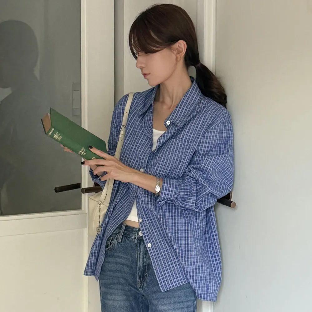 Korean Collection Mellow Check Shirt – Dusty Blue (Instock)