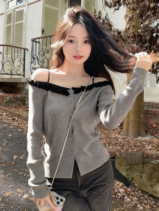 Kelly Designs  Off-Shoulder Ruffle Knit Cardigan – Soft Girl Button Grey Top (Instock)