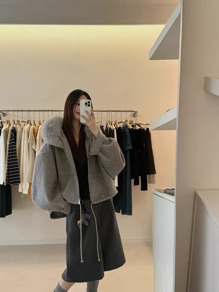 Kelly Designs Fox Fur Hoodie Zip Up Grey Wool Coat (1-2 weeks)