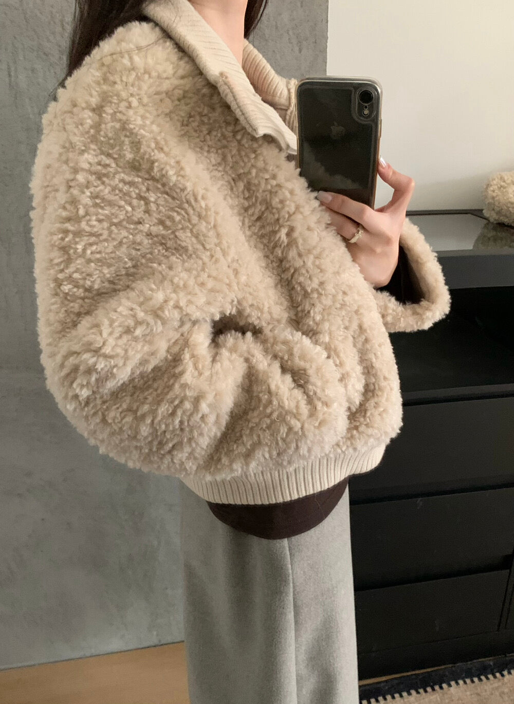 Kelly Designs Soft Teddy Knit-Trim Jacket – Cozy Stand Collar Short Coat (Instock)