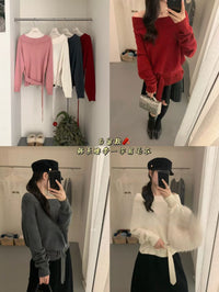 Kelly Designs Off-Shoulder Rabbit Hair Knit Sweater with Belt (Instock)
