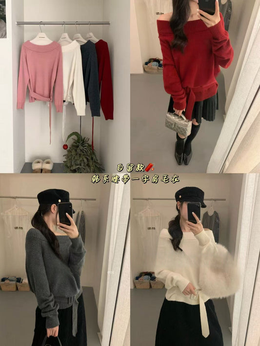 Kelly Designs Off-Shoulder Rabbit Hair Knit Sweater with Belt (Instock)