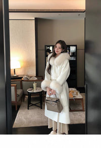 Kelly Designs Fox Fur Trim Wool Long Coat – Ivory (Instock)