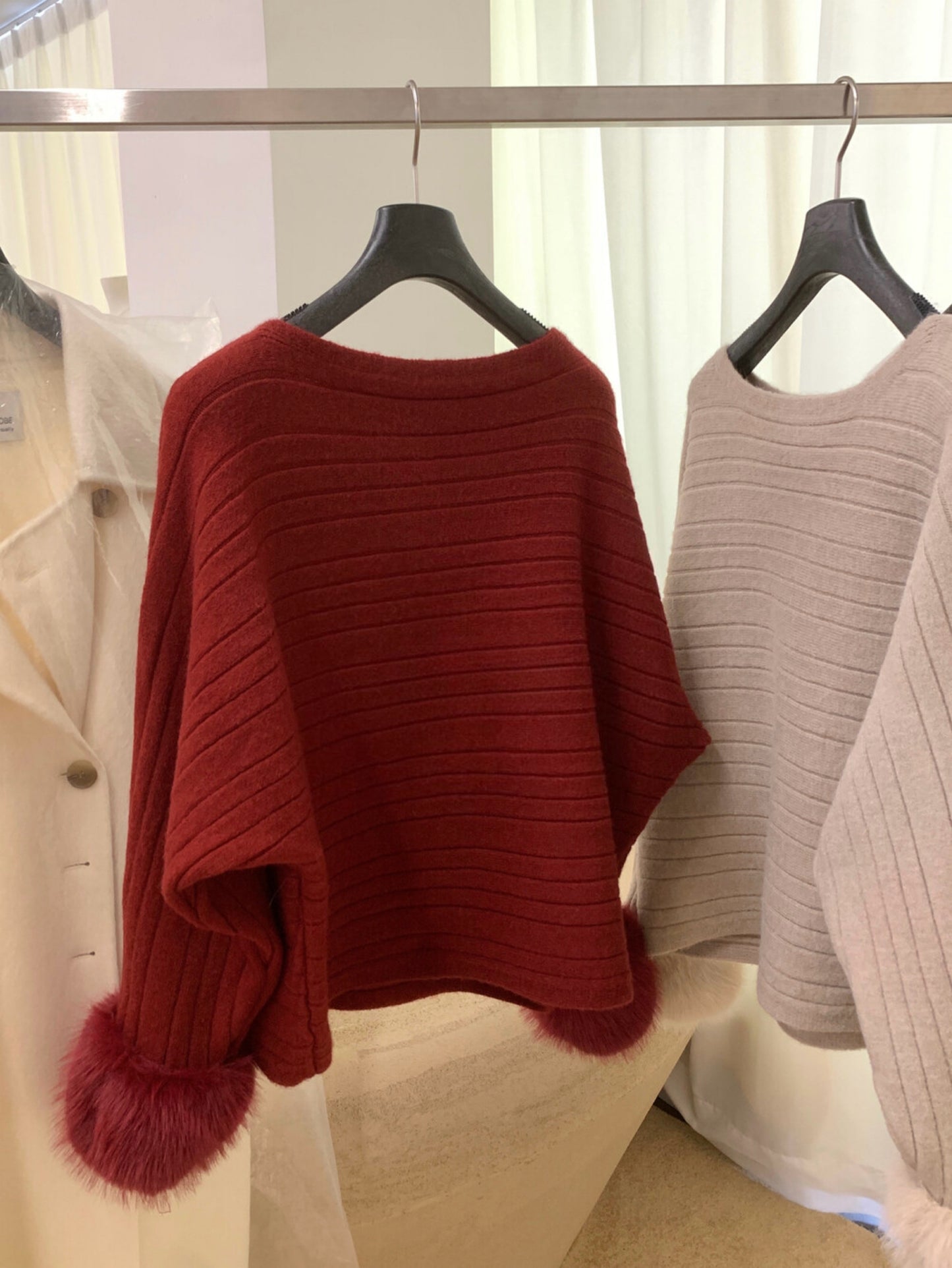 Kelly Designs  French-Inspired Off-Shoulder Knit Sweater with Fur Cuffs (Instock)