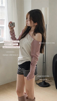 Korean Asymmetric Off-Shoulder Contrast Long Sleeve Top - 4 Colors (Instock)
