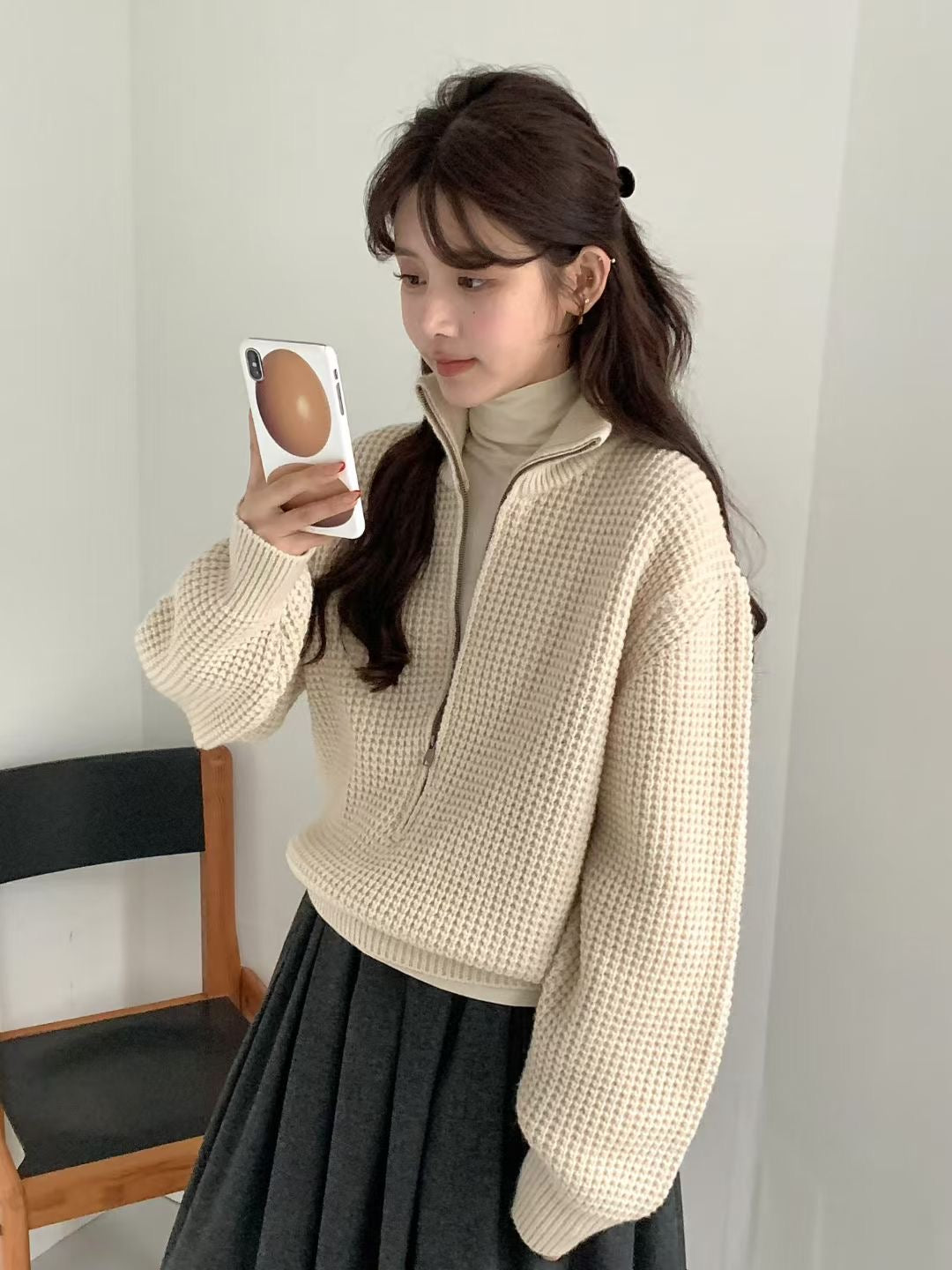 Korean APM Collection EGG Half Zip Up Yellow Wool Hoodie (Instock)