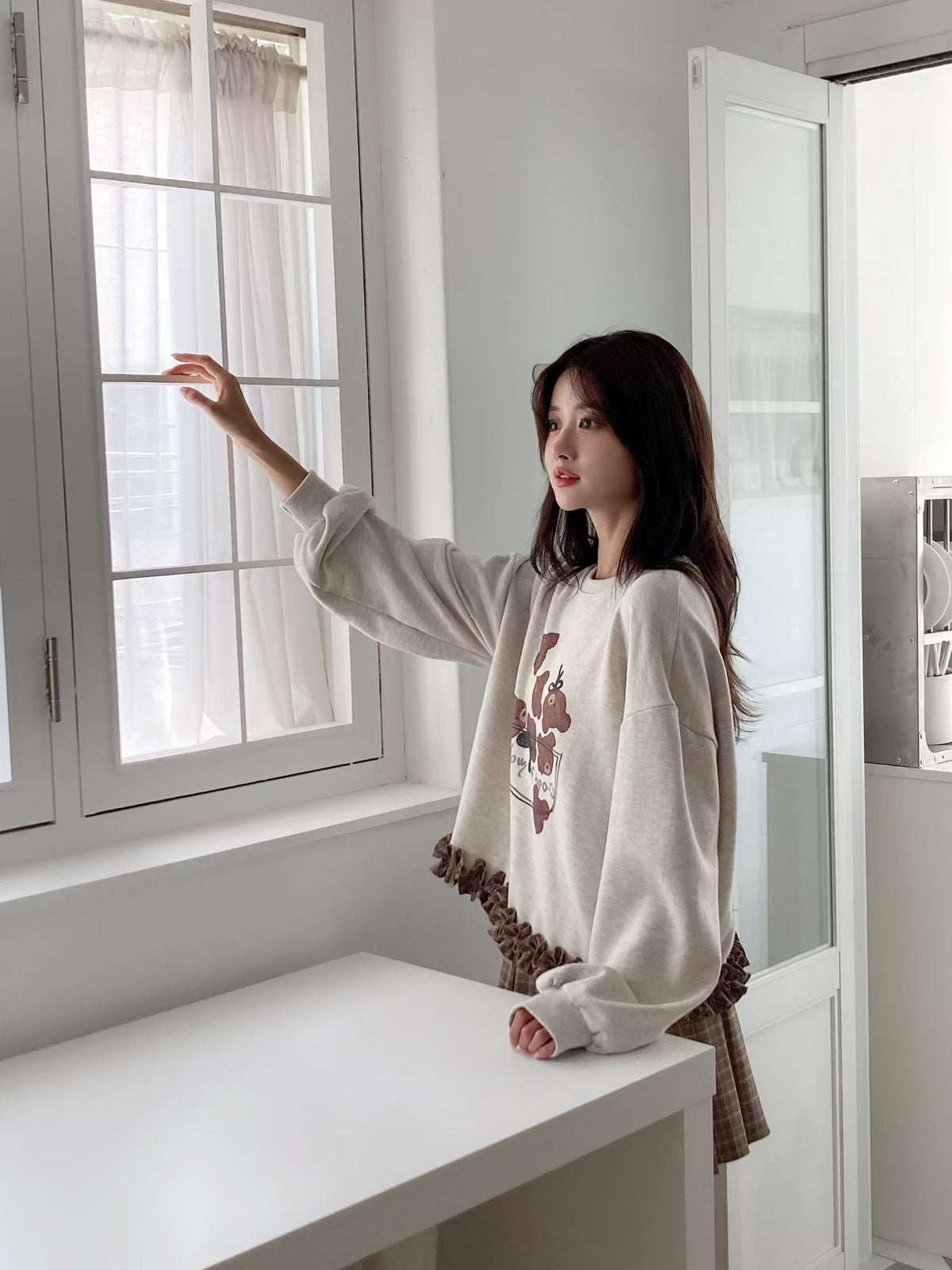 Korean Collection Bear Ruffle Hem Sweatshirt - 2 Colors (Instock)