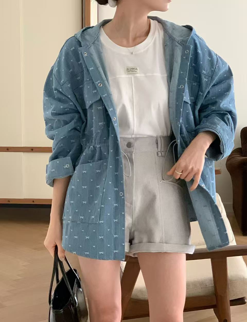 Korean Collection | Bow Jacquard Hooded Shirt Jacket (Instock)