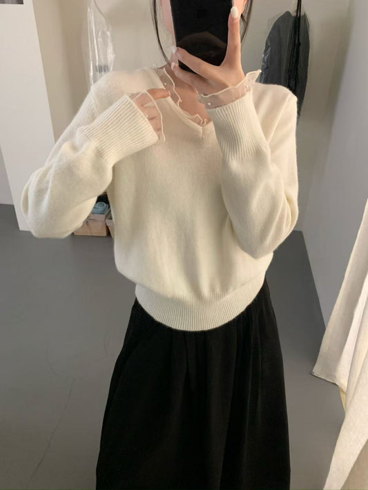 Kelly Designs Soft V-Neck Knit Sweater with Sheer Lace Trim – Elegant & Cozy (Instock)