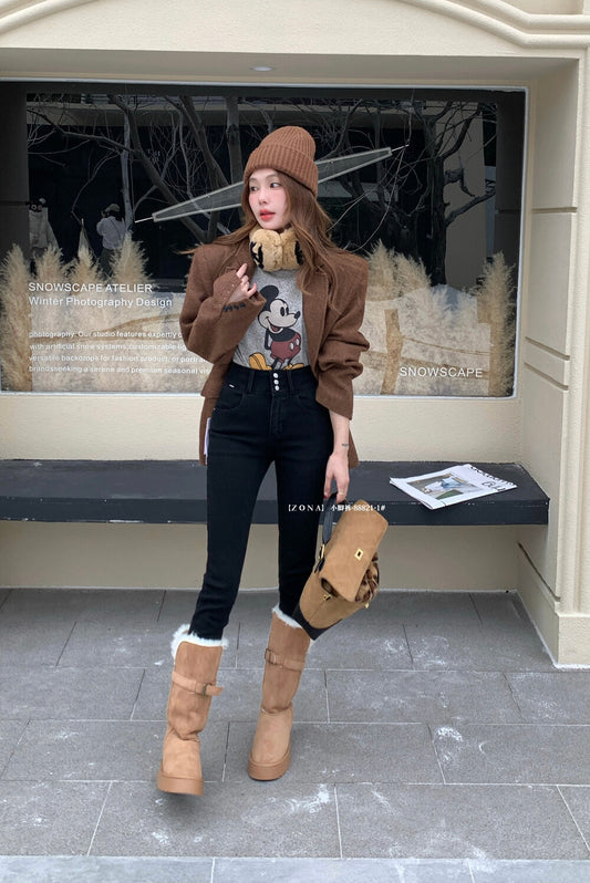 Kelly Designs Fleece-Lined Denim Black Slim Pants(Instock)