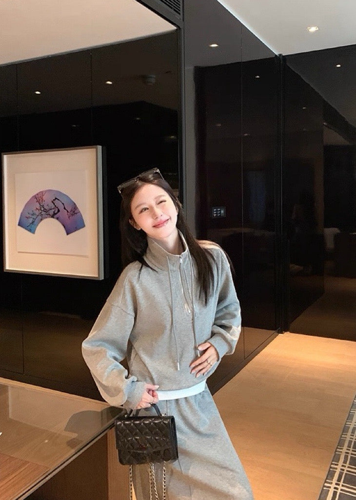 Kelly Designs Two-Piece Hoodie & Midi Skirt Set - Pink/Grey (Instock)