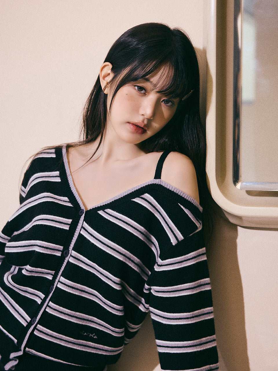 Korean Collection Rolaroal ONE OFF SHOULDER STRIPE WOOL BLENDED Cardigan Black (Instock)