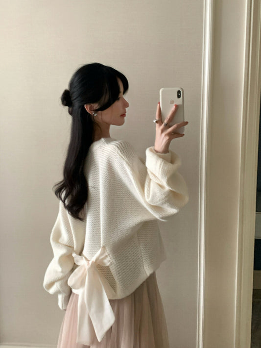 Kelly Designs Off-Shoulder Knit Sweater with Back Ribbon Tie & Khaki Skirt (Instock)