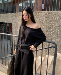 Korean Collection Sheer One-Shoulder Snap Slit Long Sleeve Top (Instock)