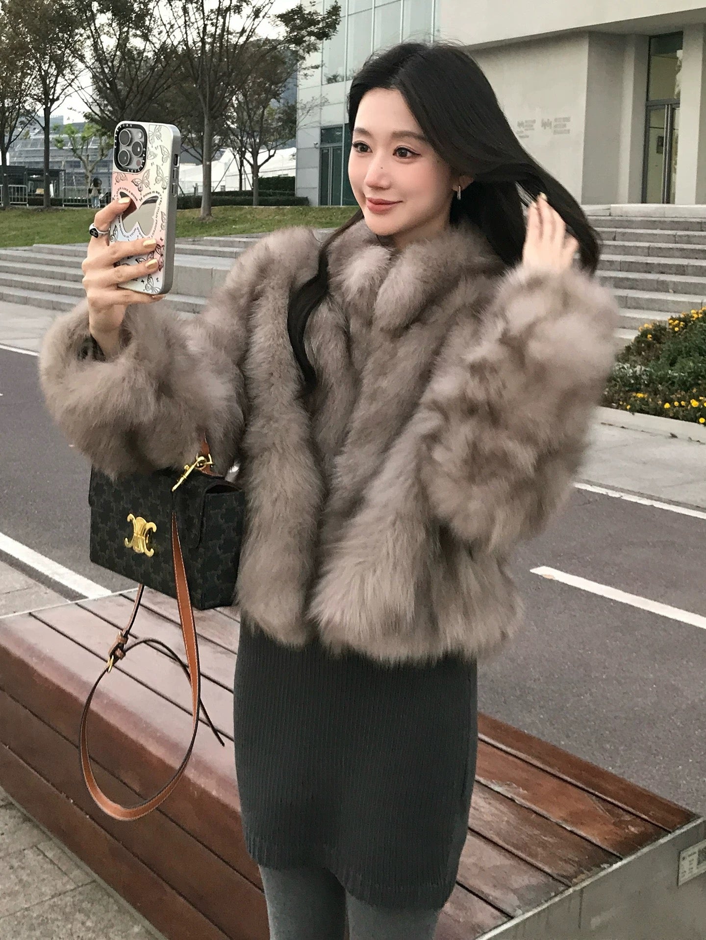 Kelly Designs Brown Grey Fox Fur High Neck Jacket (Instock)