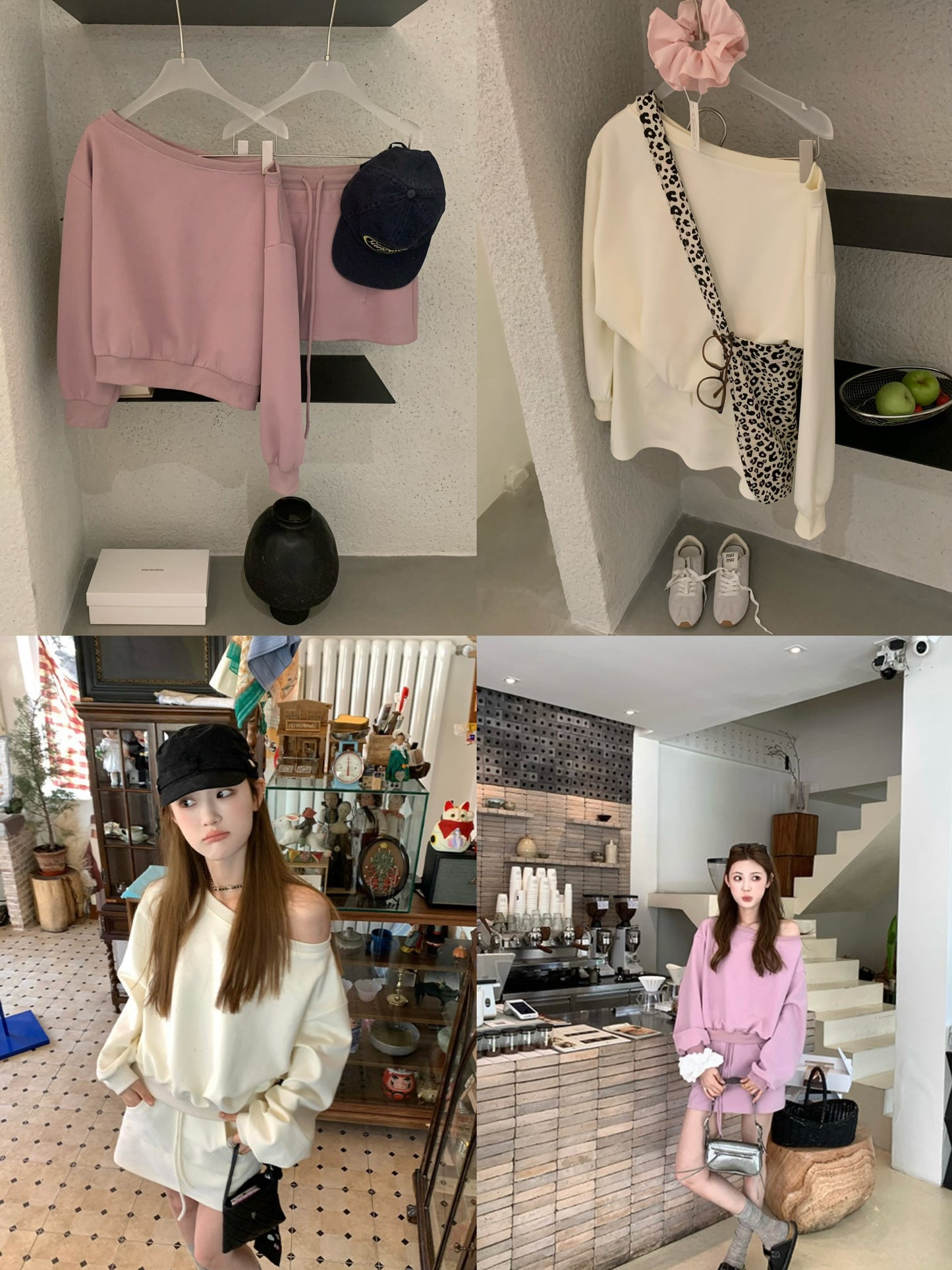 Kelly Designs Off-Shoulder Sweatshirt & Shorts Set - Purple/Beige (Instock)