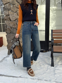 Kelly Designs Fleece-Lined Straight Denim Navy Pants(Instock)