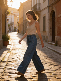 Korean APM Collection Tencel Denim Drawstring Wide-Leg Pants (Instock)