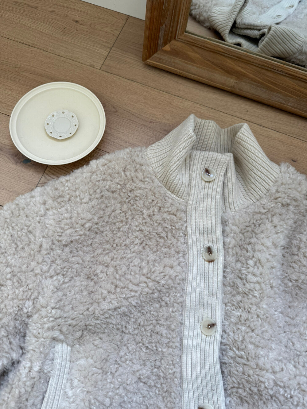 Kelly Designs Soft Teddy Knit-Trim Jacket – Cozy Stand Collar Short Coat (Instock)