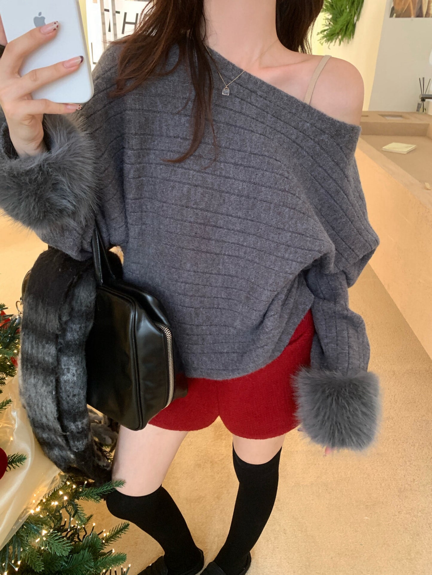 Kelly Designs  French-Inspired Off-Shoulder Knit Sweater with Fur Cuffs (Instock)