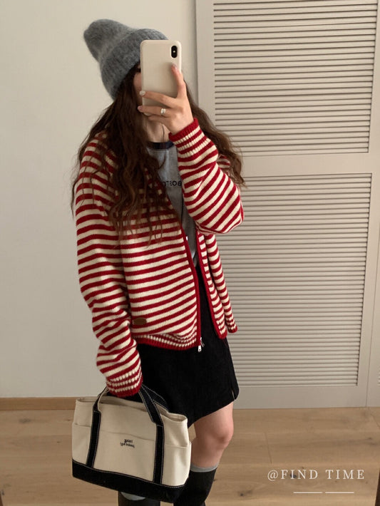 Kelly Designs Zip-Up Stripe Red Hoodie (Instock)