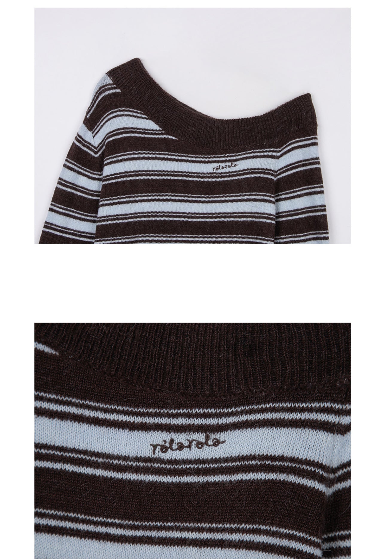Korean Collection Rolaroal UNBALANCED OFF SHOULDER STRIPE KNIT BR+BL (Instock)
