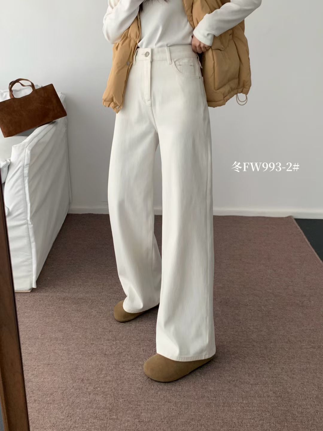 Kelly Designs Fleece-Lined Straight Denim White Pants(Instock)