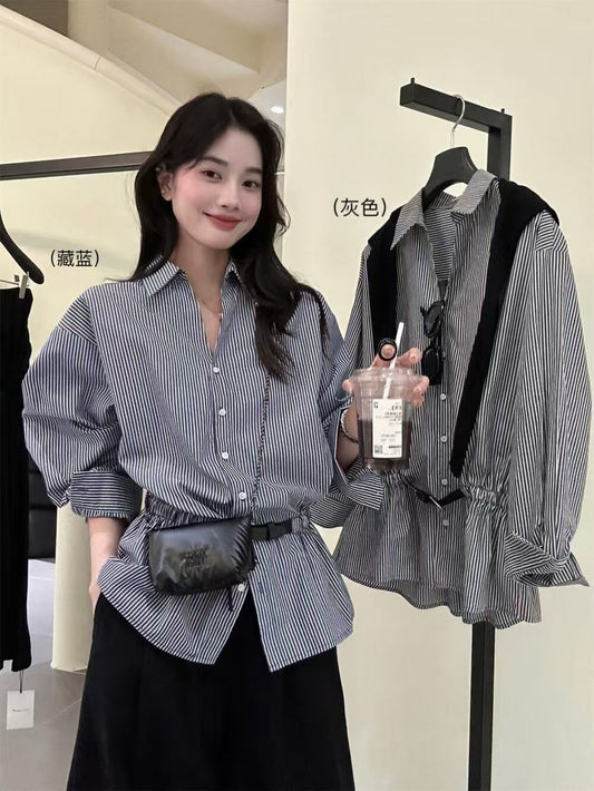 Kelly Designs Two Colors Striped Statement Waist-Cinched Shirt (Instock)