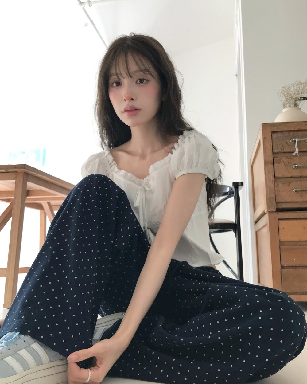 Korean ROBE:L Navy Polka Dot Wide-Leg Pants (Instock)