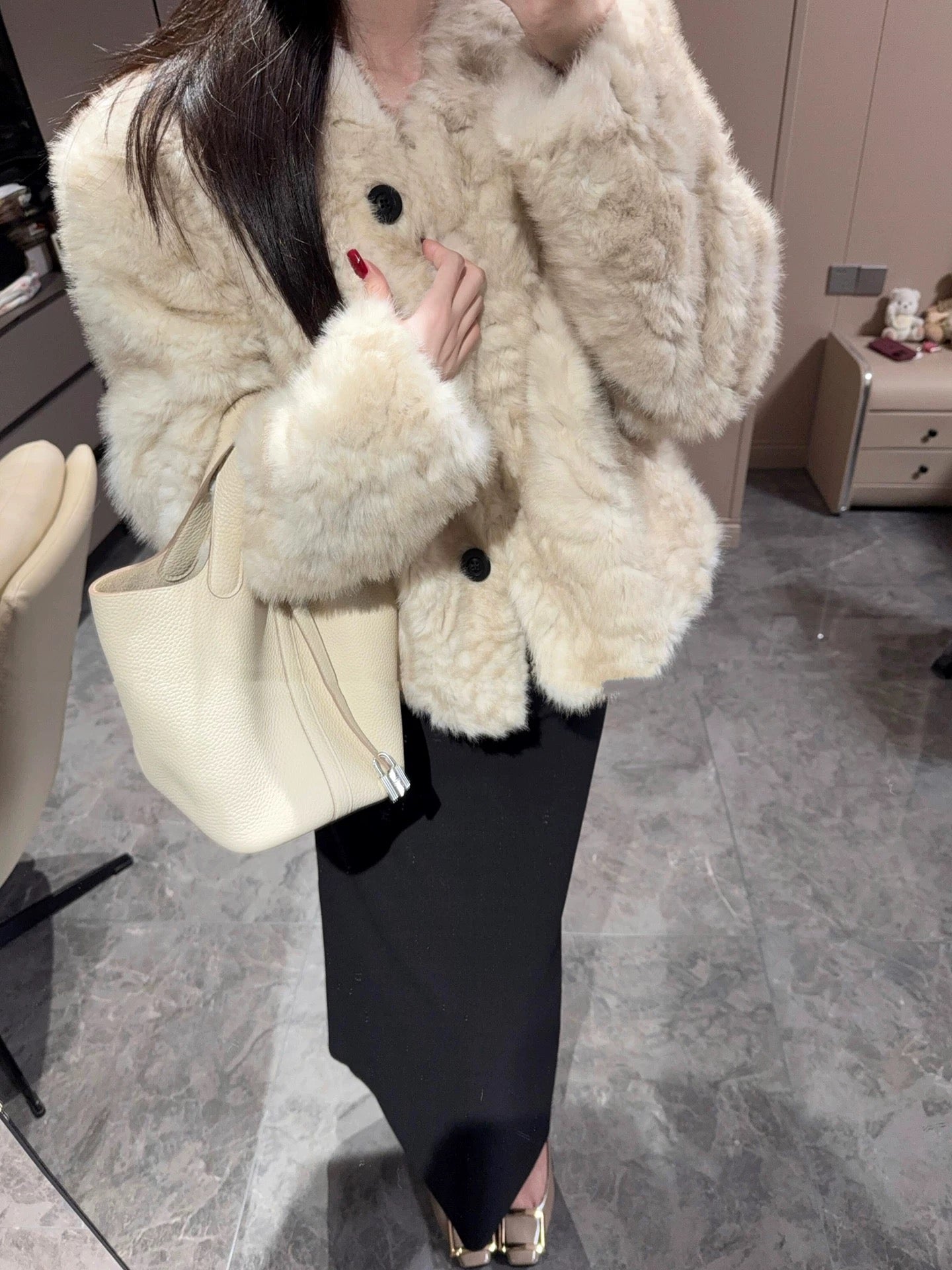 Kelly Designs Natural Curly Faux Lamb Fur Coat – Eco-Friendly Plush Winter White Jacket (Instock)