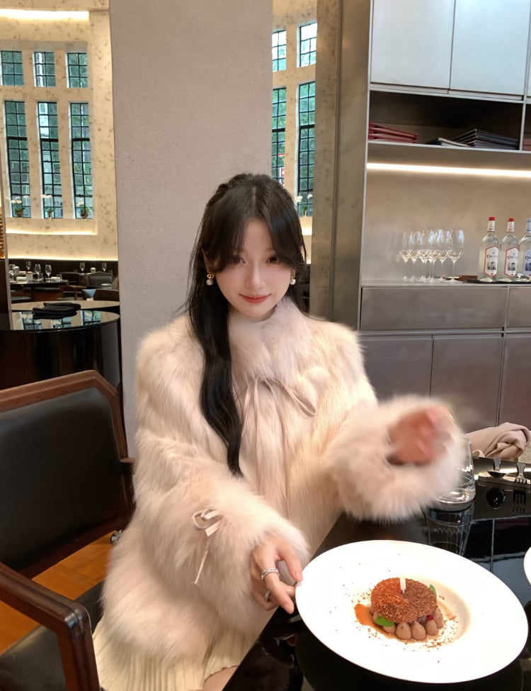 Kelly Designs Pink Fox Fur Coat with Bow Detail (Instock)