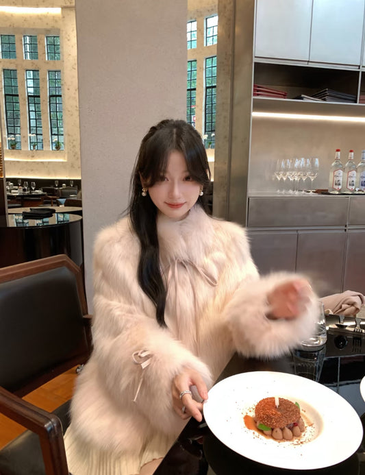 Kelly Designs Pink Fox Fur Coat with Bow Detail (Instock)