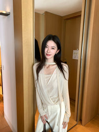 Kelly Designs Chiffon V-neck Beige top with scarf (Instock)