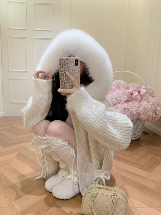 Kelly Designs Fox Fur White Zip Up Ribbons Hoodie (Instock)