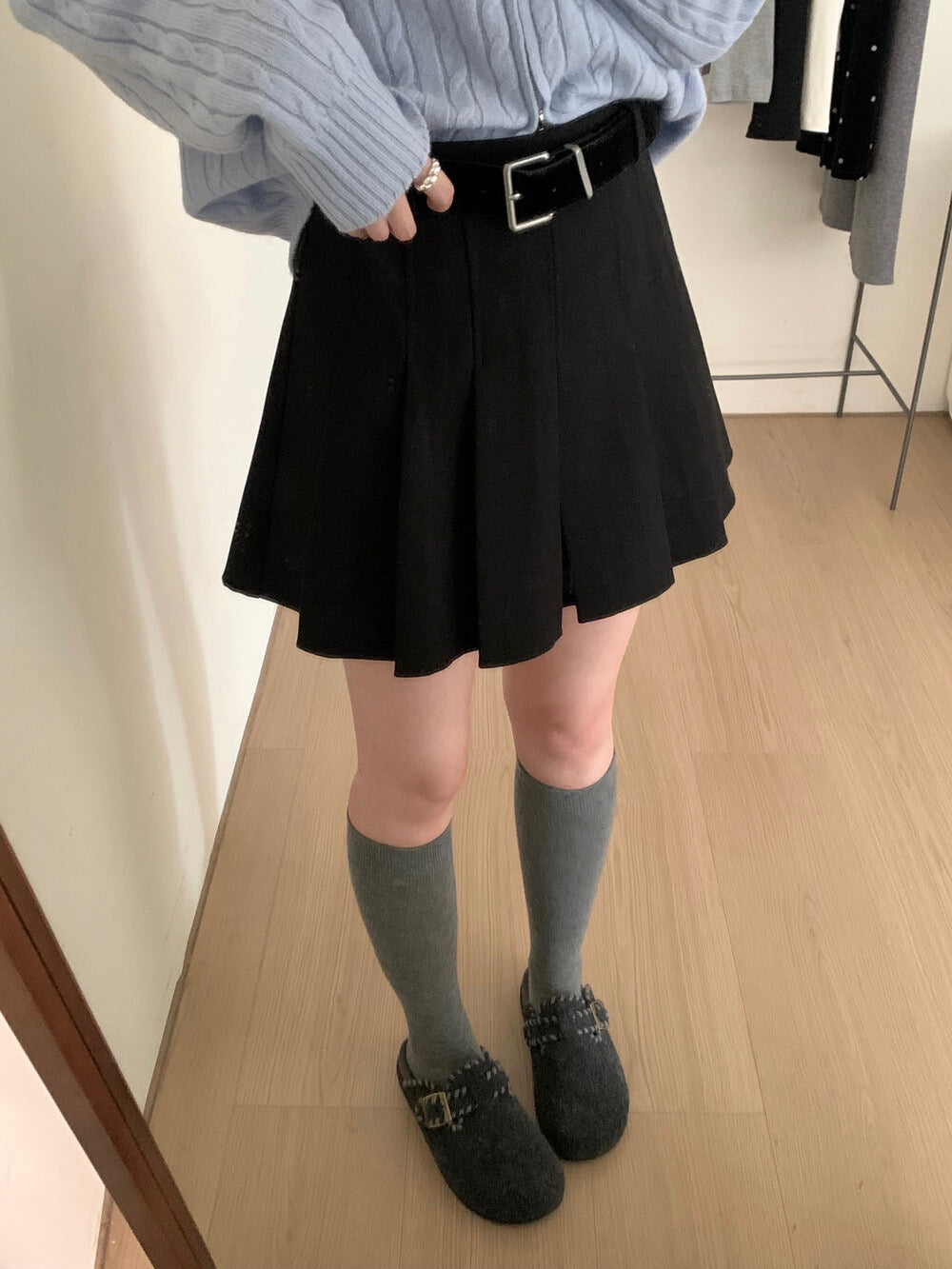 Kelly Designs Thick Pleated Mini Grey Skirt with Belt (Instock)