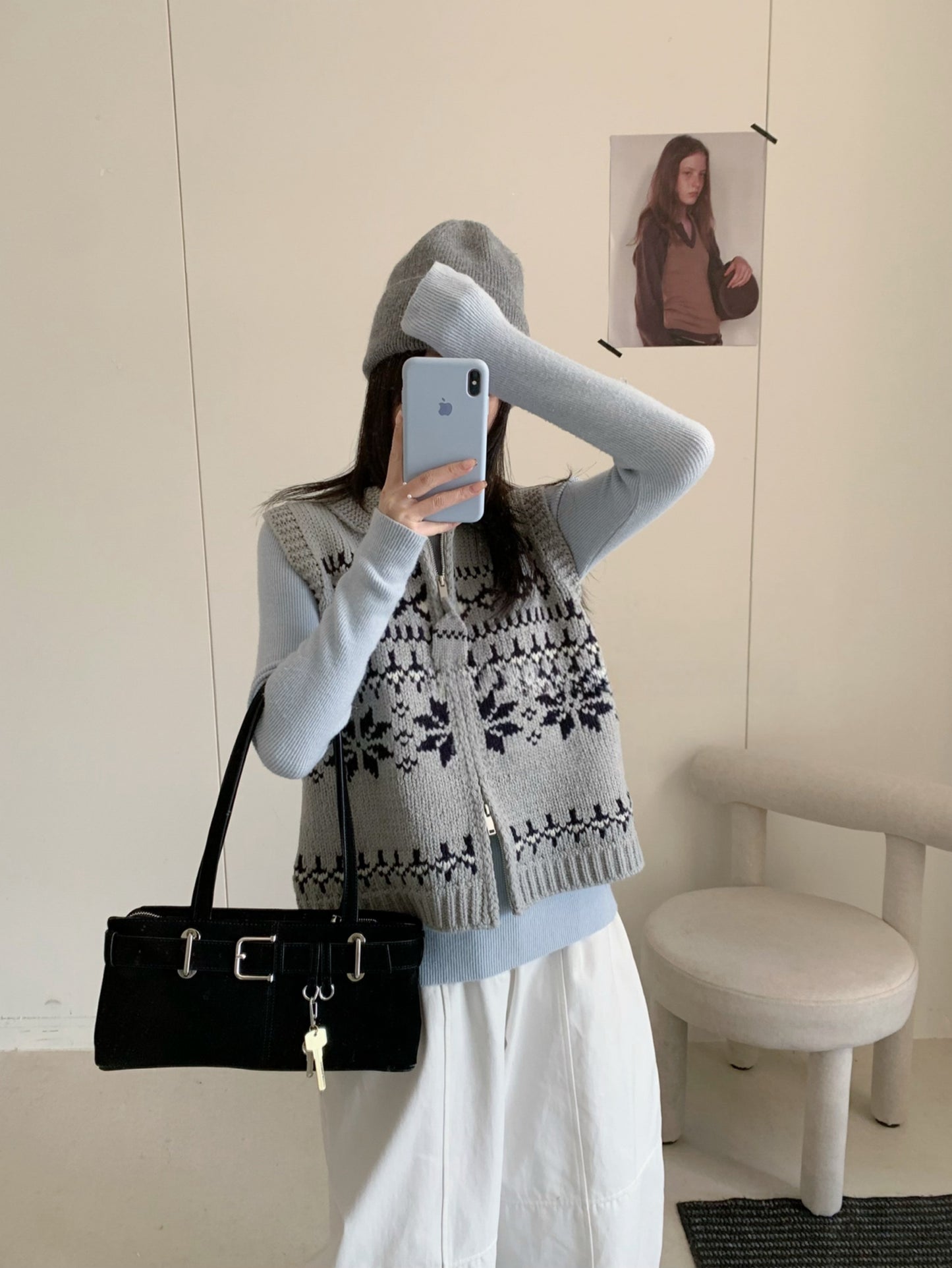 Kelly Designs Fair Isle Double-Zip Knit Vest – Cozy & Versatile-Grey (Instock)