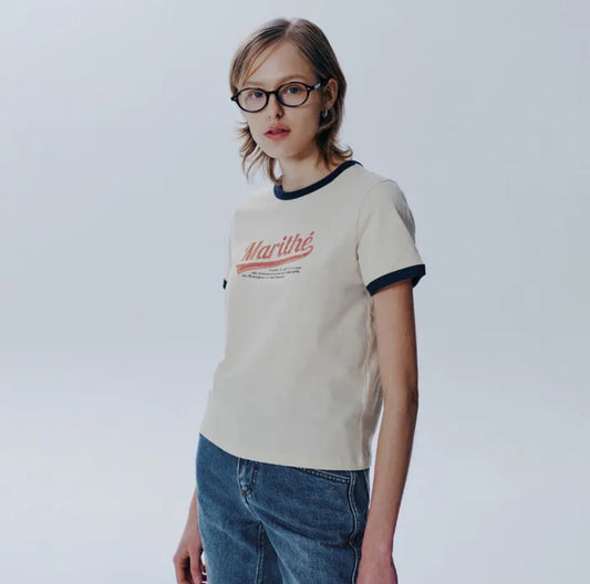 Marithe _W Vintage Baseball Ringer Tee Ivory (Instock)
