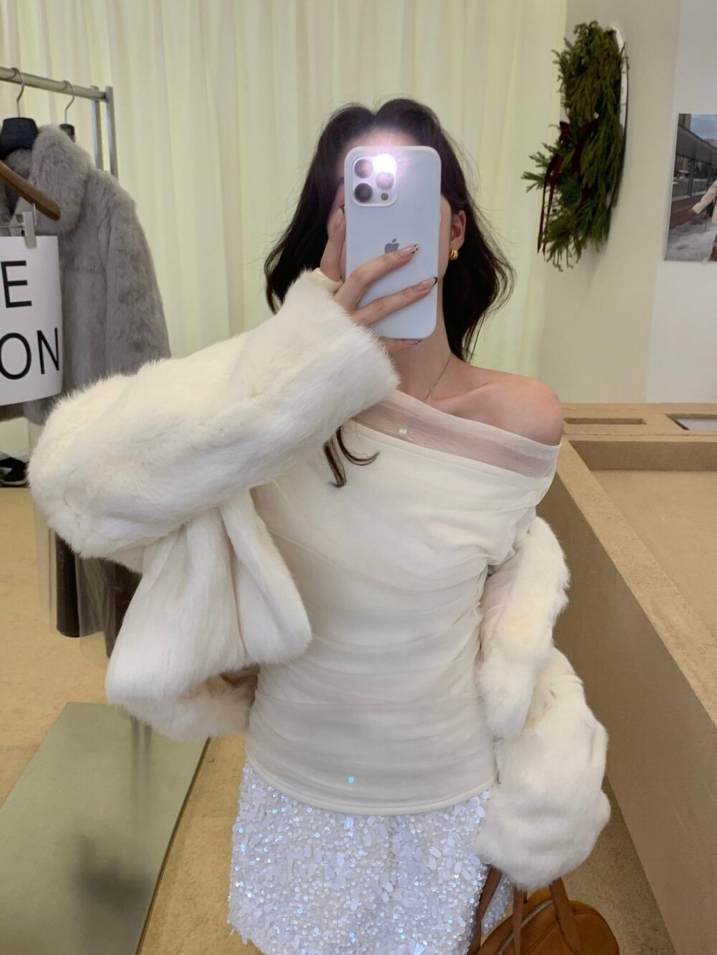 Kelly Designs Off-Shoulder Mesh Ruched Long Sleeve Top (Light Fleece) (Instock)