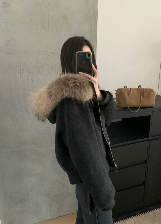 Kelly Designs Minimal Wool-Blend Short Goose Jacket with Detachable Raccoon Fur Collar (Instock)