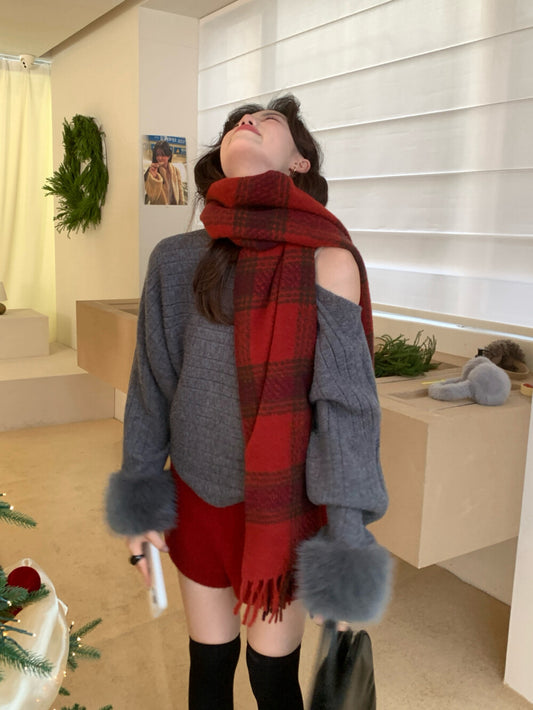 Kelly Designs  French-Inspired Off-Shoulder Knit Sweater with Fur Cuffs (Instock)