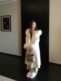 Kelly Designs Fox Fur Trim Wool Long Coat – Ivory (Instock)