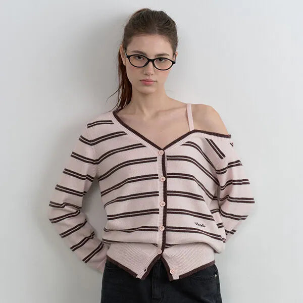 Korean Collection Rolarola ONE OFF SHOULDER STRIPE WOOL BLENDED Cardigan Pink (Instock)