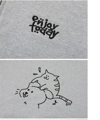 Korean Collection Enjoy Cat Zip Up Oversize Grey Hoodie (Preorder）